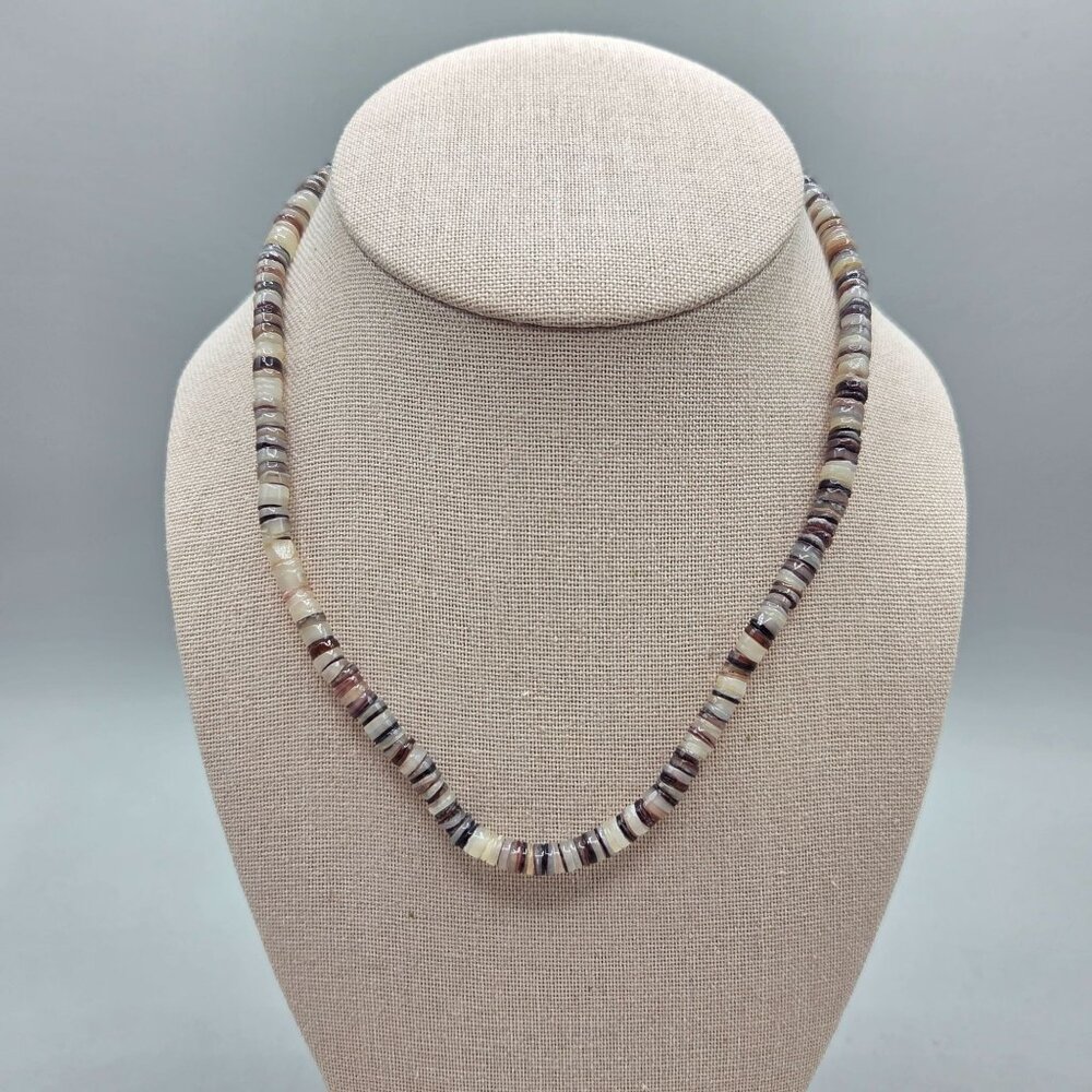 Tahitian Oyster Shell Heishi Bead Necklace Lobster Clasp 18 Inch Beach Boho